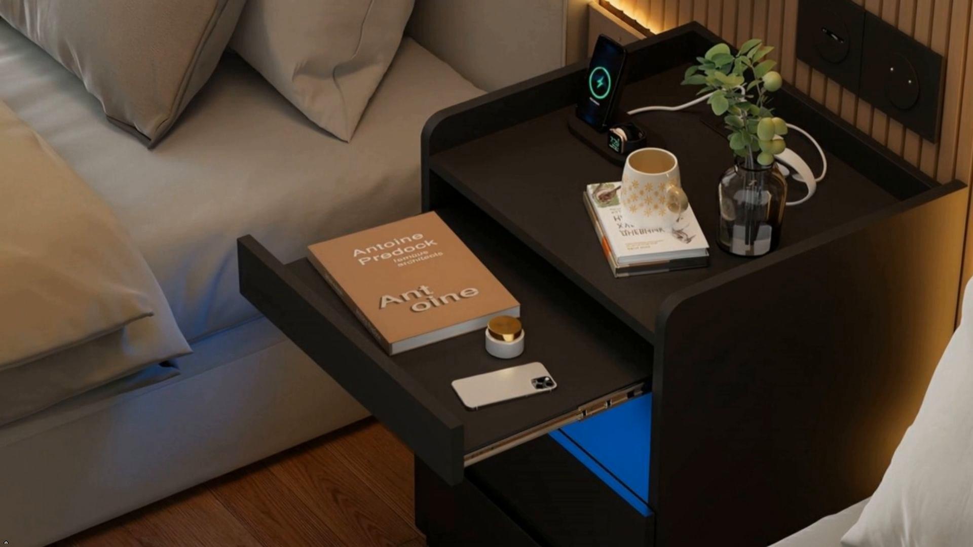 Comodino Intelligente con Cassaforte Nascosta, Tavolino Comodino con Stazione di Ricarica e Porte USB/Tipo C, Comodino Camera da Letto A LED Luminosità Regolabile, Piano In Vetro Temperato ( Color : L