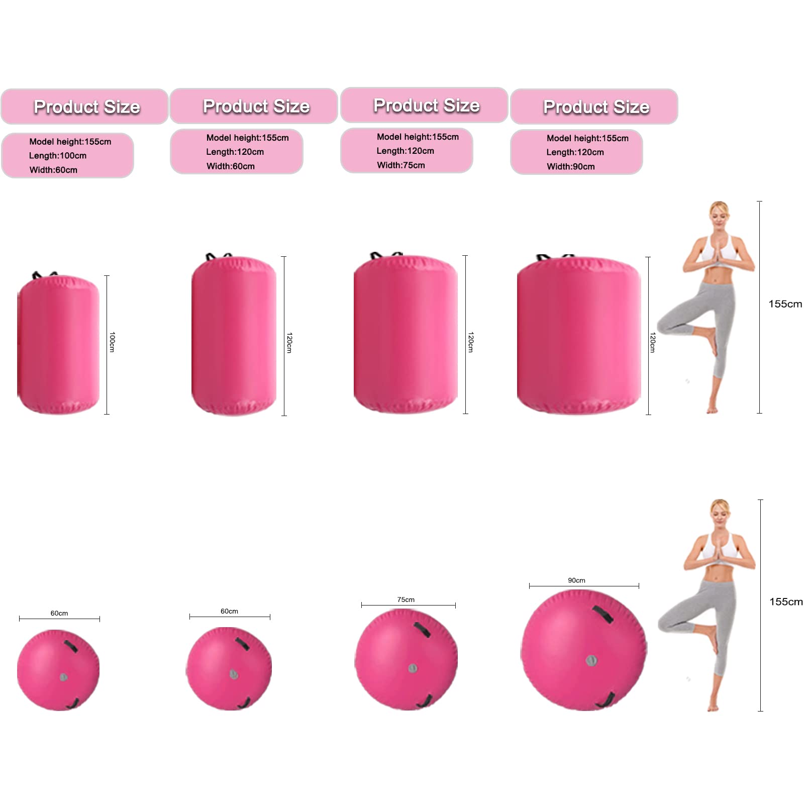 Air Rolle Turnen Aufblasbare Gymnastik Training Zylinder Tumbling Rolle Air Barrel Yoga Roll mit Pumpe (Rosa, 100x60cm)