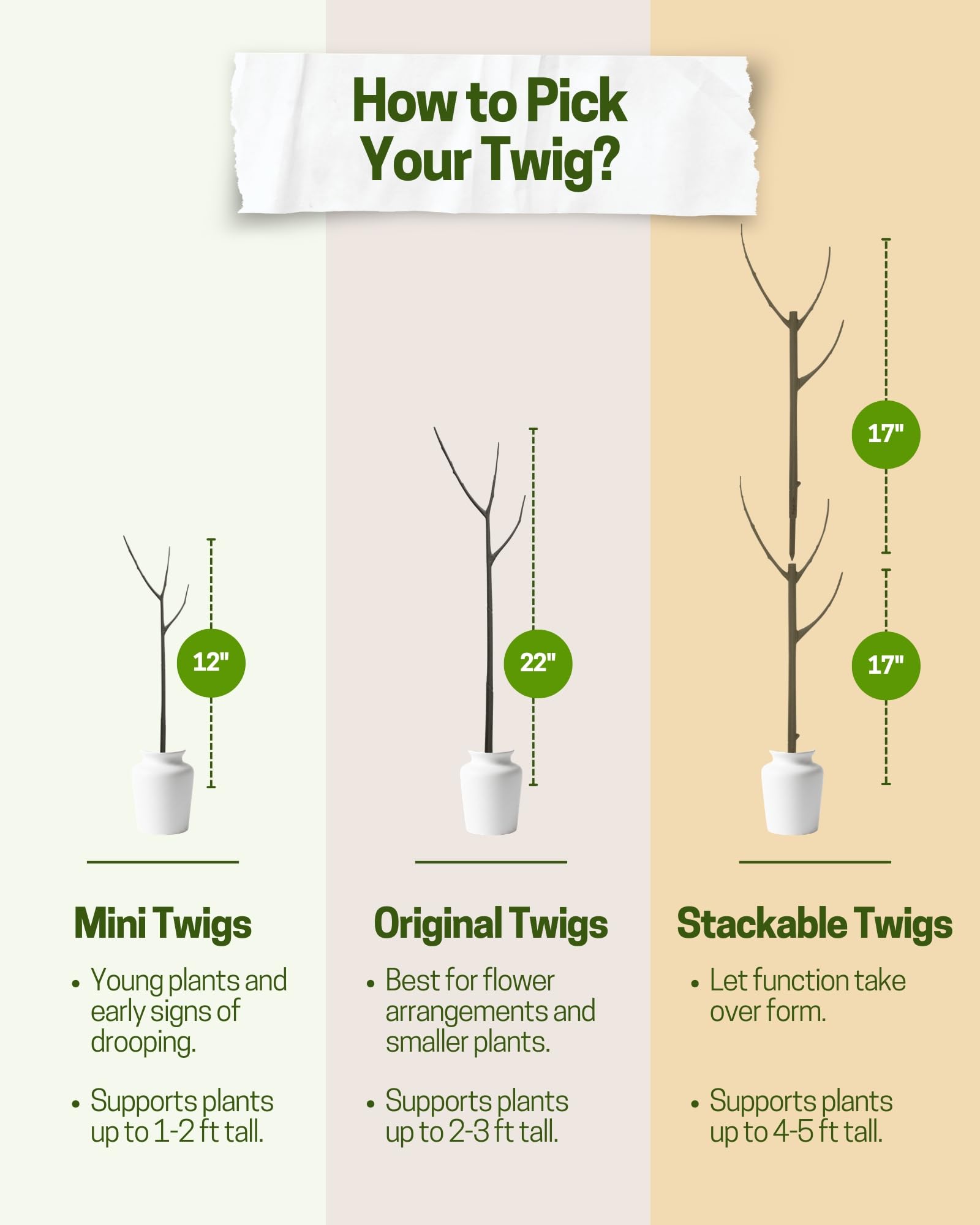 Twigs GA - Lot de 10 piquets de support empilables pour plantes d'intérieur, supports esthétiques pour plantes en pot, compositions florales et plus encore - Monstera (vert foncé) - 43,2 cm de long,