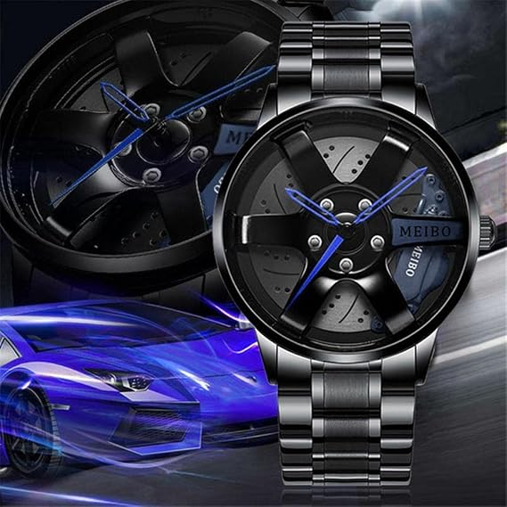 Men's Sports Watch 3D Hollow Wheel Design Stainless Steel Watch Water Proof Car Wheel Watches (Blue)