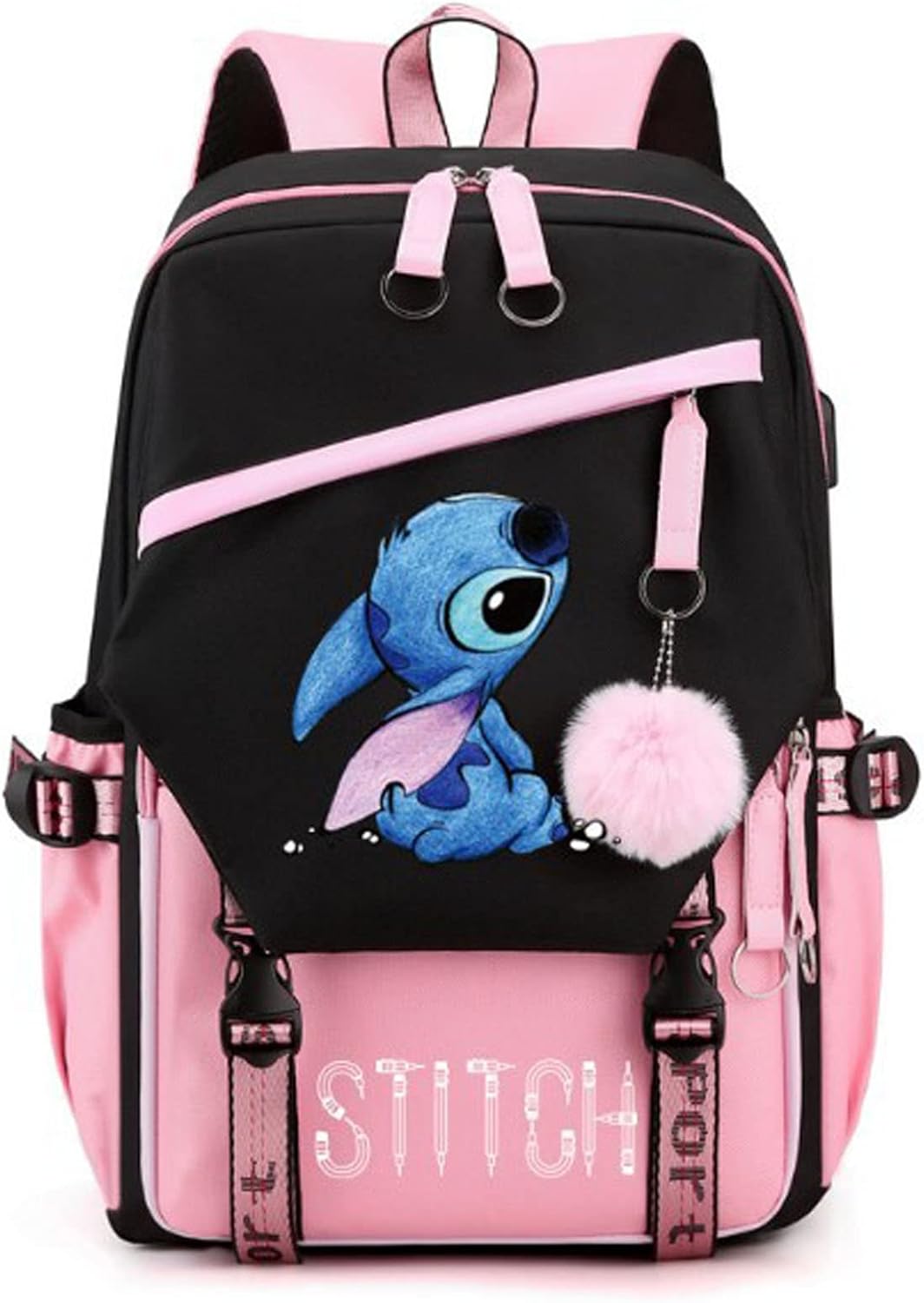 Fashion Trend Backpack Anime Cosplay Laptop Backpack With USB and Cute Cartoon Pattern (black) (pink 3)
