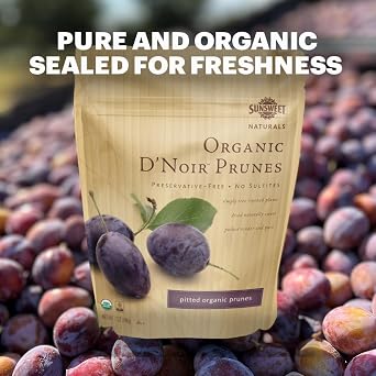 البرقوق العضوي Sunsweet D'Noir - البرقوق غير المحلى والمجفف - خالي من الغلوتين، خالي من المواد الحافظة، نباتي - ألياف ومعادن - كيس سعة 7 أونصة × 6 عبوات