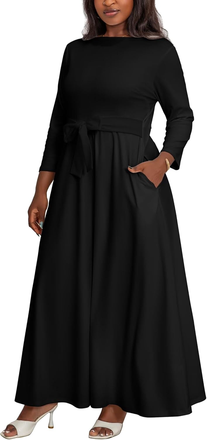 XNMHL Plus Size Maxi Dress for Curvy Women with Belt Crew Neck 3/4 Sleeve Flowy Long Outfits Sizes L to 5XL