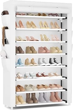 VILICK Shoe Rack with Cover, 8 Tier Tall Shoe Organizer Storage for 36-45 Pair Shoes and Boots Large Shoe Storage Shelf Free Standing Shoe Rack for Closet, Front Door Entrance, Dorm, Garage, White