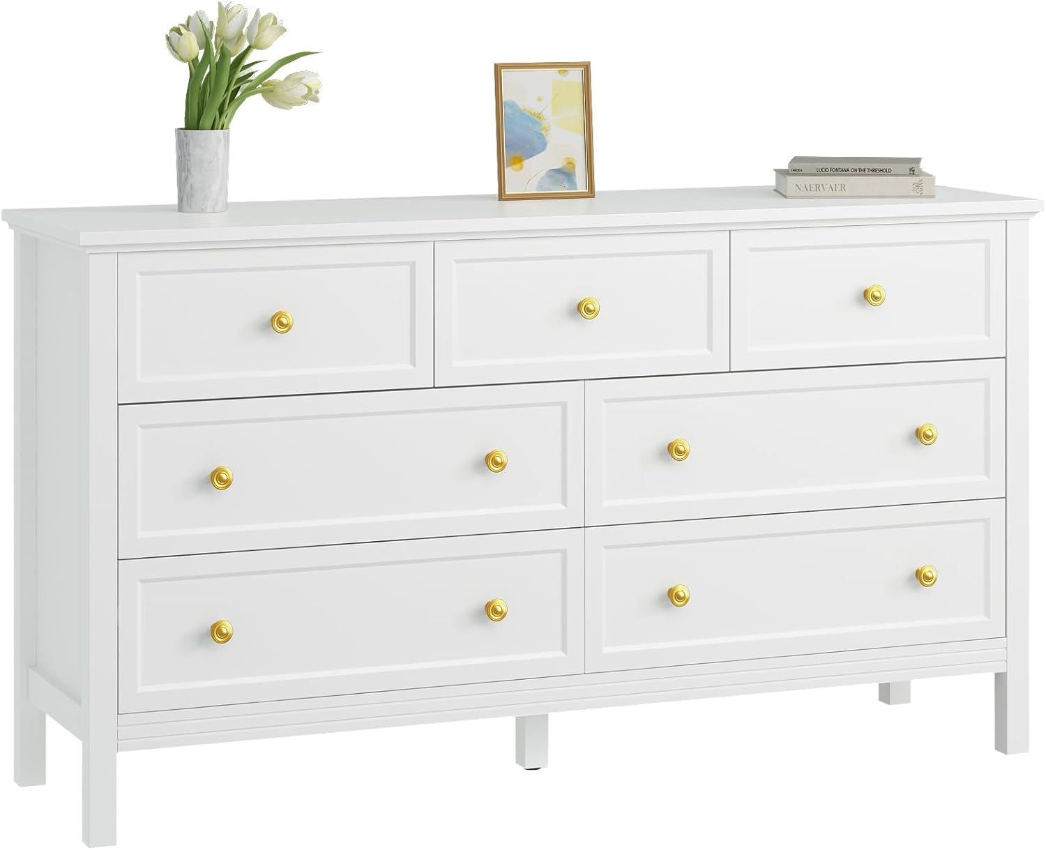 CARPETNAL White Dresser for Bedroom, 7 Drawer Dresser with Wide Drawers and Gold Metal Handles, 55" White and Gold Dressers TV Stand, Modern Dressers & Chests of Drawers for Hallyway, Entryway.