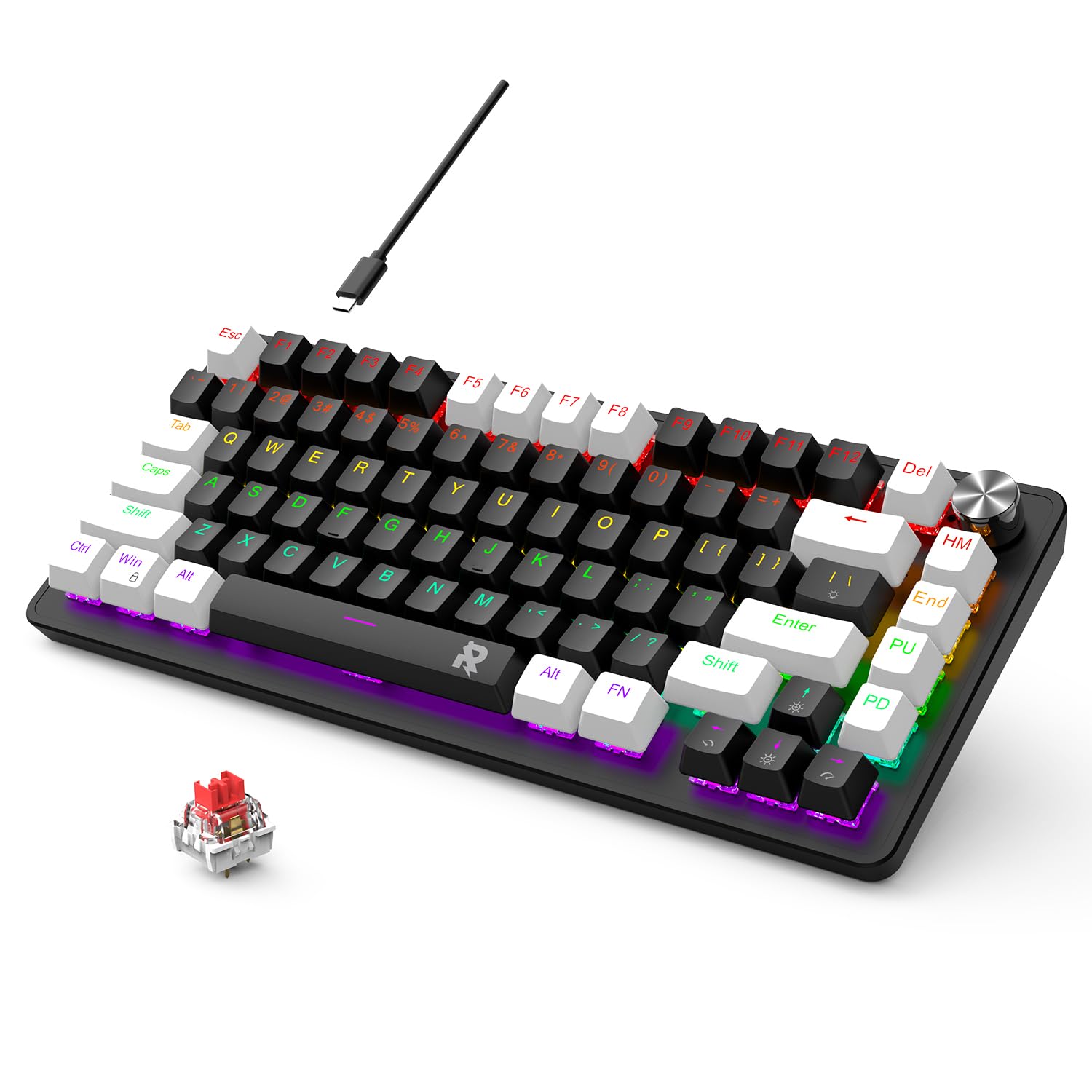 ROCK POW 70% Gaming Keyboard, 82 Keys Mechanical Keyboard with RGB Backlit 19 Modes,Volume Lighting Knob Wired Mini PBT Keycaps for PC Gaming and Working (Red Switch) Black White - Knob Black White 82