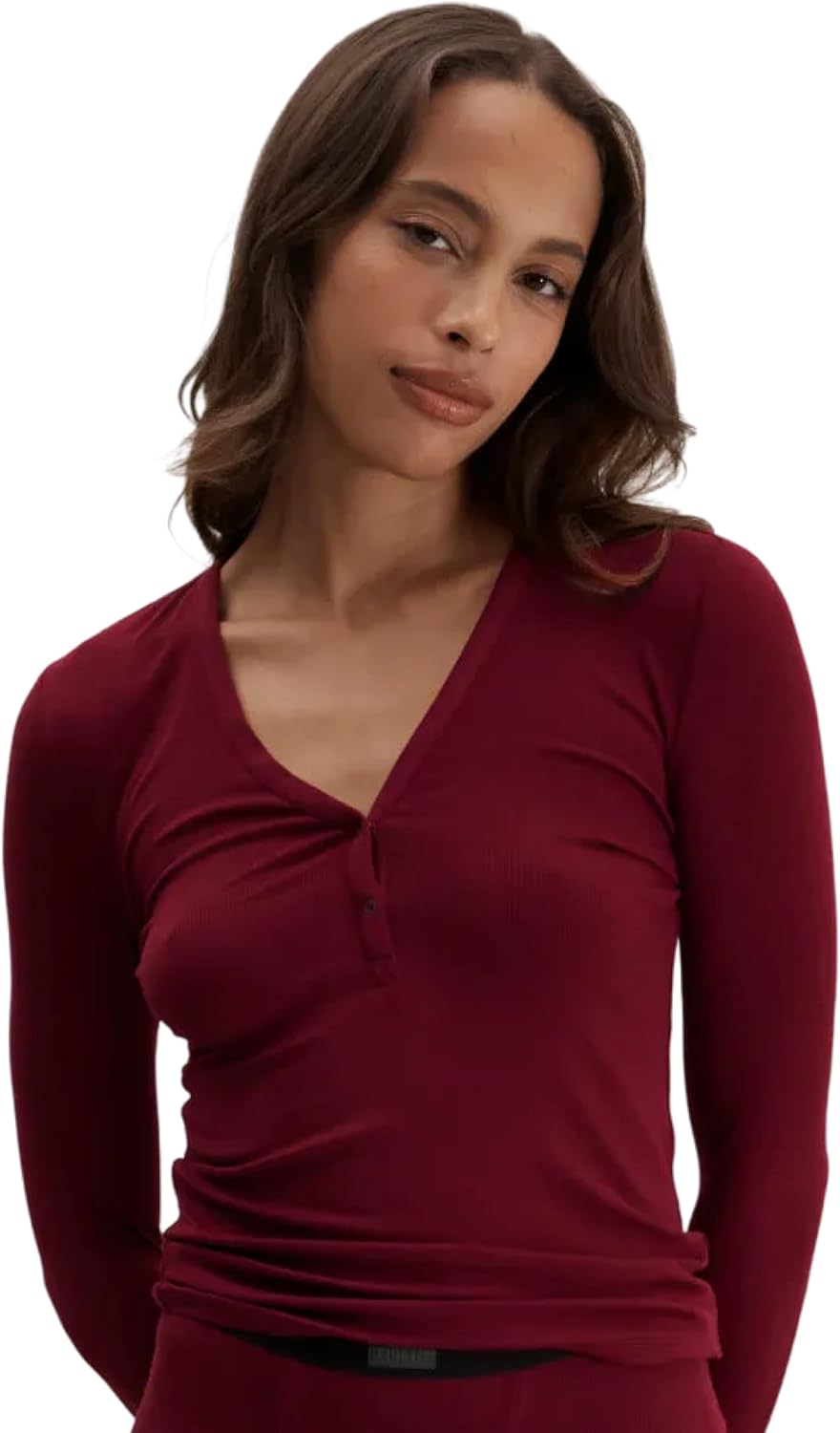 Lunya Soft Modal Ribbed V Neck Long Sleeve Tops for Women - Two-Button Snap Closure - V Neck Long Sleeve Shirts for Women