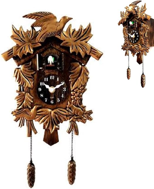 SUSHOP Cuckoo Clock Traditional Black Forest Chalet Clock, Antique Wooden Cuckoo Wall Clock Bird Time Bell Swing Alarm Watch Home Art Decor, 38X21x10cm
