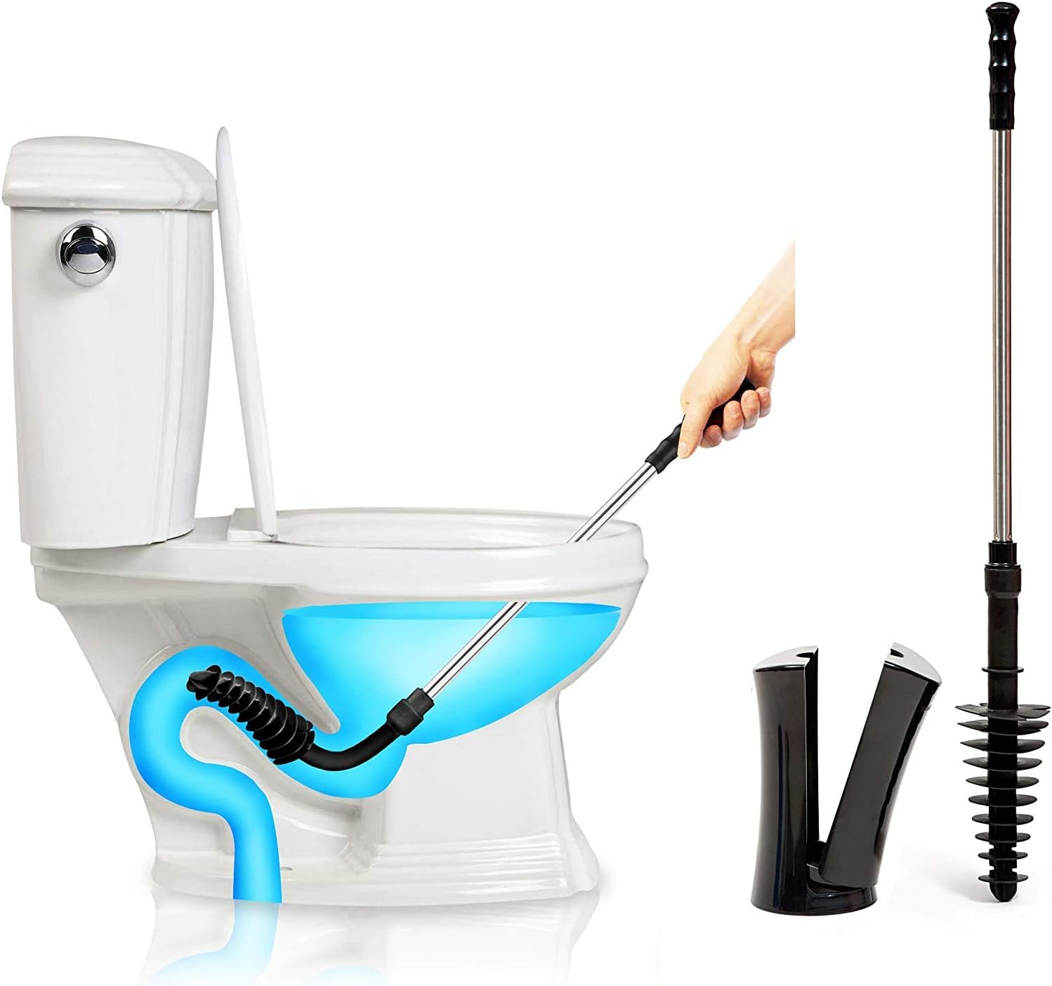ToiletShroomRevolutionary Plunger, Squeegee, Clog Remover, Drain Cleaner, Bathroom Toilet Dredge Tool, Stainless Steel Handle with Caddy Holder, Black (Black 2-Pack)