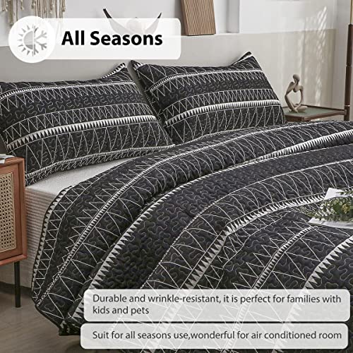 Luckybull Black Quilt Set Boho Bedspread Queen Xl Size (90X96 In), 3 Pieces Bohemian Striped Reversible Lightweight Coverlet Quilt Set For All Season #TOP5