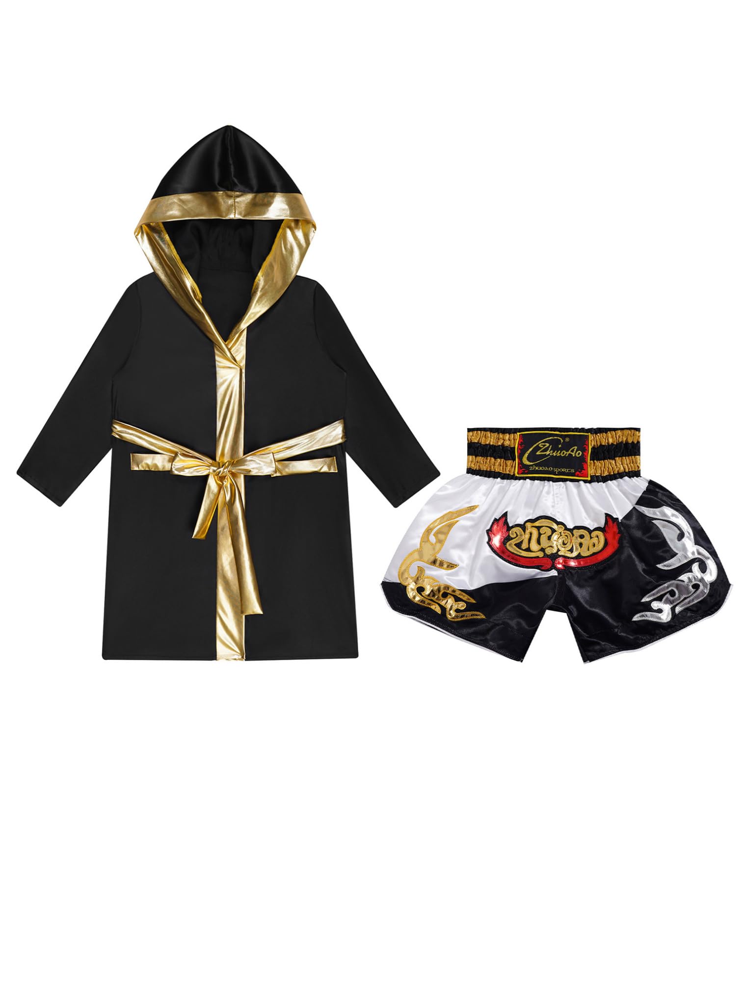FEESHOW Dziecięce bokserki bokserskie szorty i płaszcz bokserski chłopięce Muay Thai Fight szorty satynowy płaszcz z kapturem strój