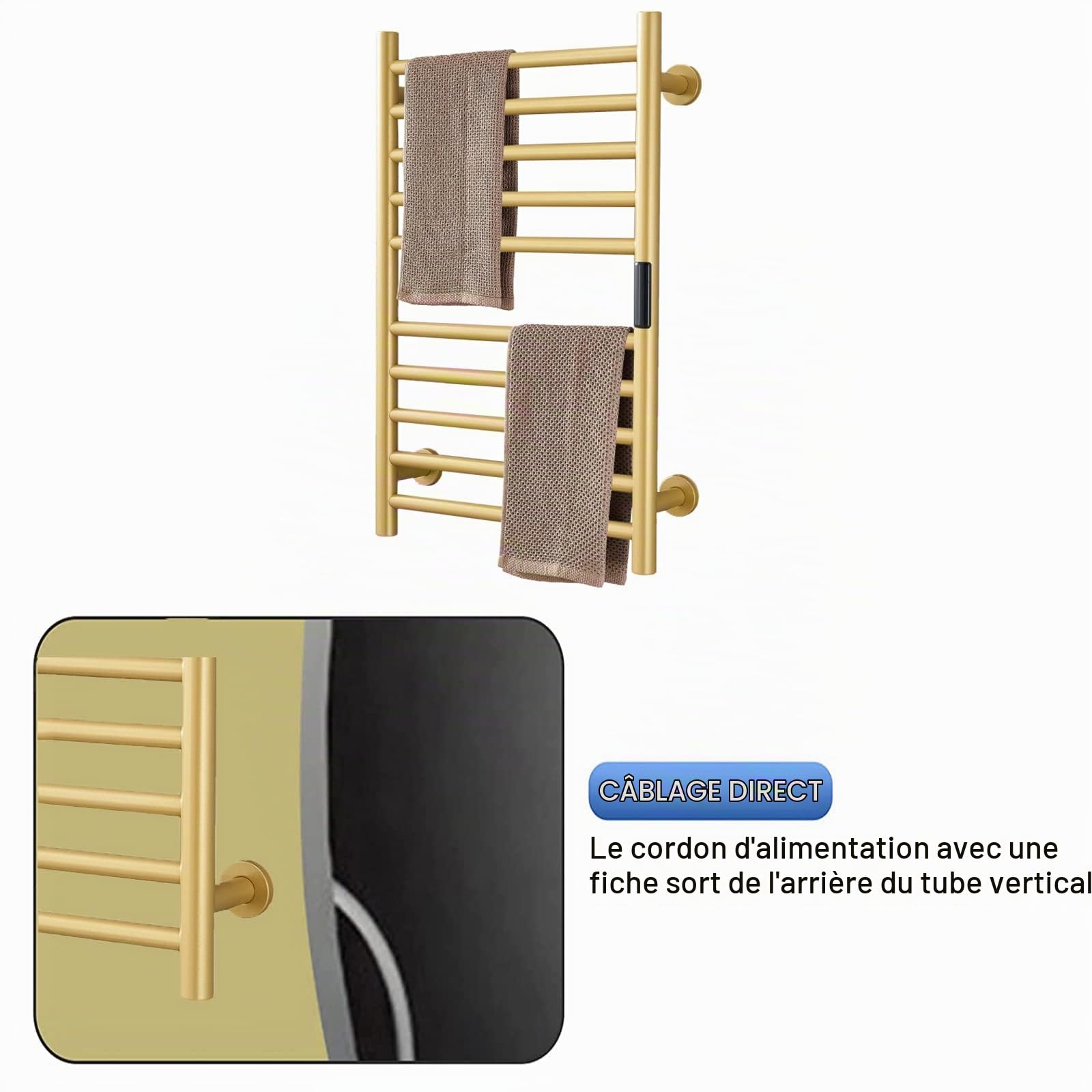 Sèche-Serviettes électrique, Chauffe-Serviettes Or 10 Barres Porte-Serviettes Chauffant Électrique, Acier Inoxydable 304 pour Radiateur De Salle De Bain 88W Chauffe-Serviettes, Hardwired