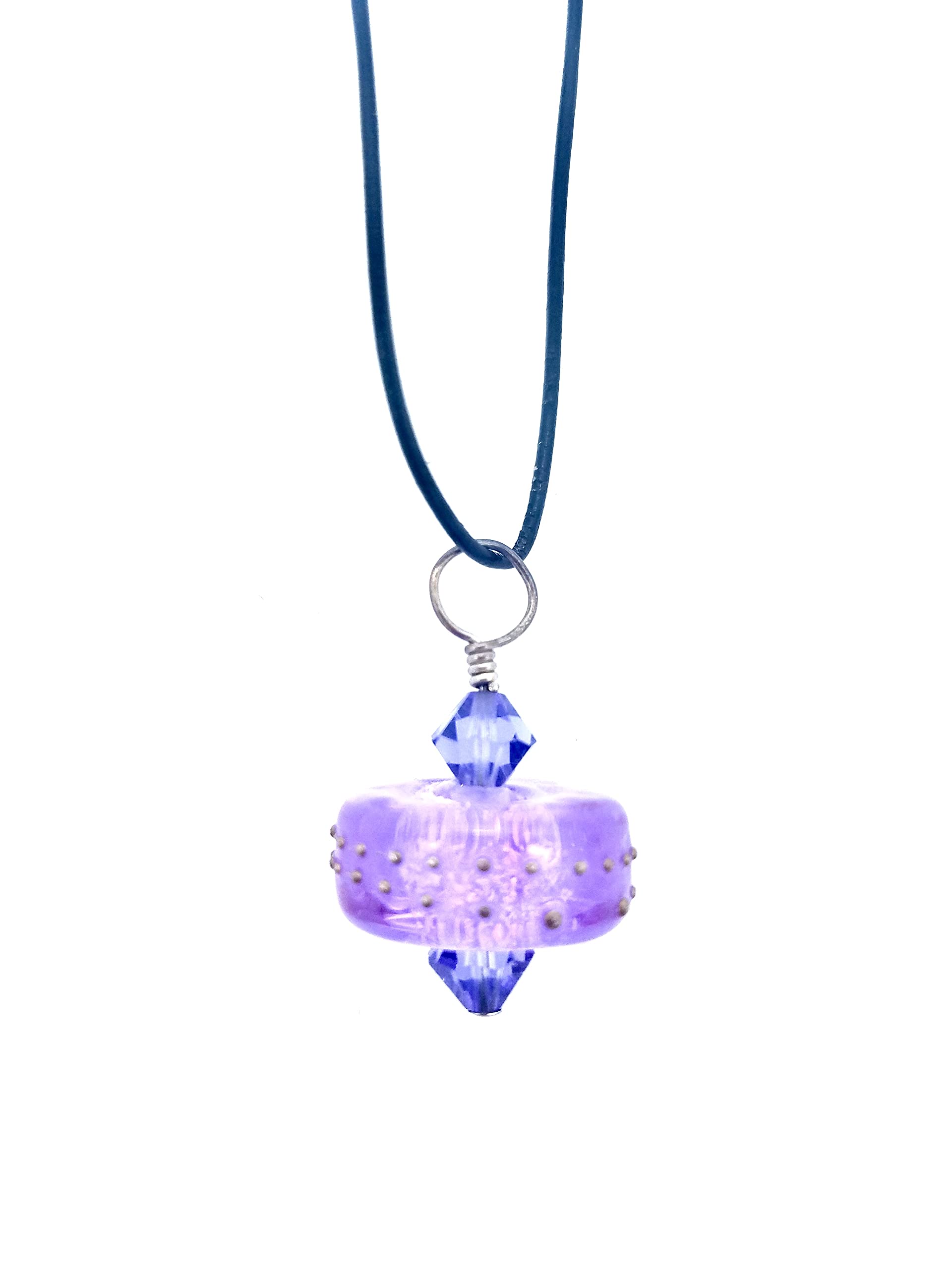 Light Violet Dichroic Lampwork Little Pendant on Leather Cord with High Quality Crystal Accents