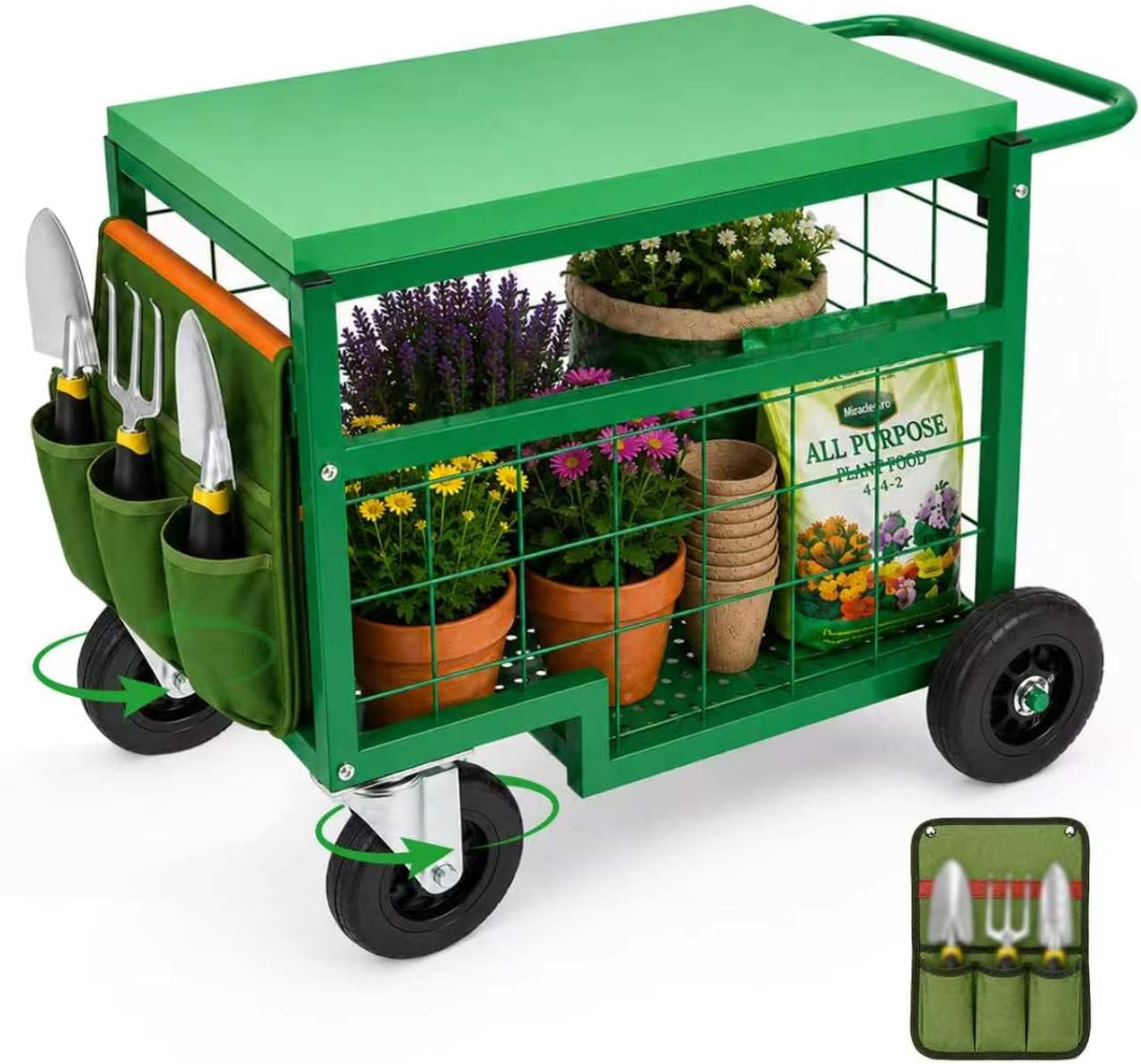 Swivel Wheel Garden Work Seat Upgraded Heavy-Duty Gardening Cart with Portable Gardening Tool Kit Swivel-Wheel Garden Stool Designed for Seniors Ideal for Lawn, Patio, and Outdoor Gardening Scooter