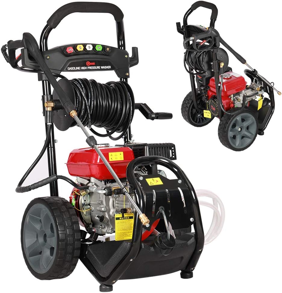 Petrol Pressure Washer Jet Washer Highest Powered for Duty Cleaning Jobs, 7.0HP Gasoline Engine, with LB-P150 Aluminum Pump&Thermal Relief Valve&12 Inch Solide Wheels&20 Meters High Pressure Hose