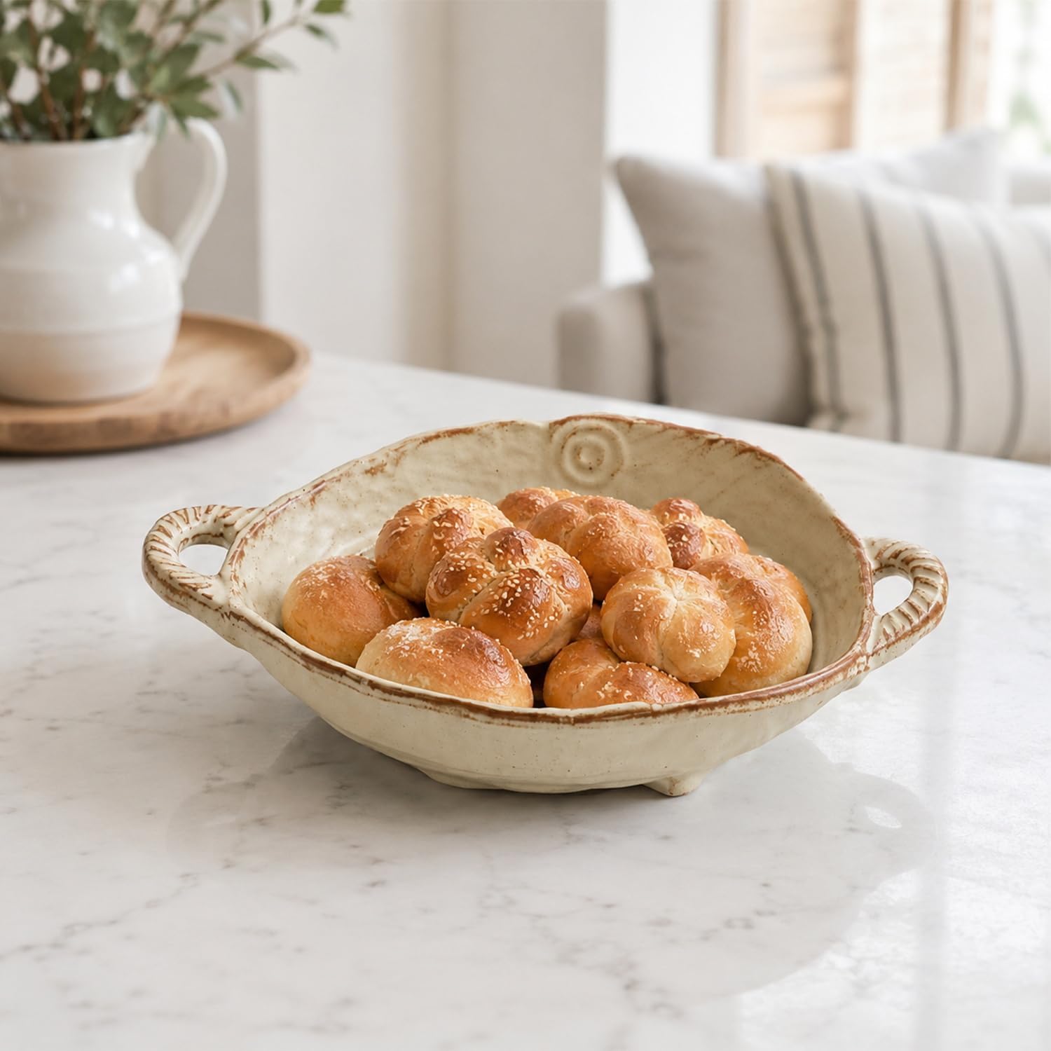 Retro Glazed Ceramic Serving Bowl with Handles Irregular Bowl Opening for Spaghetti,Fruit,Salad,Table Centerpiece Deco