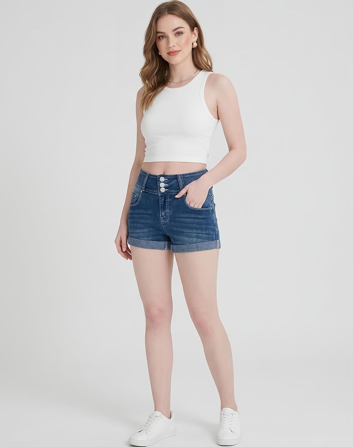 Women's High Waisted Cuffed Denim Shorts Triple Button Fly Vintage Wash Jean Shorts High Stretch