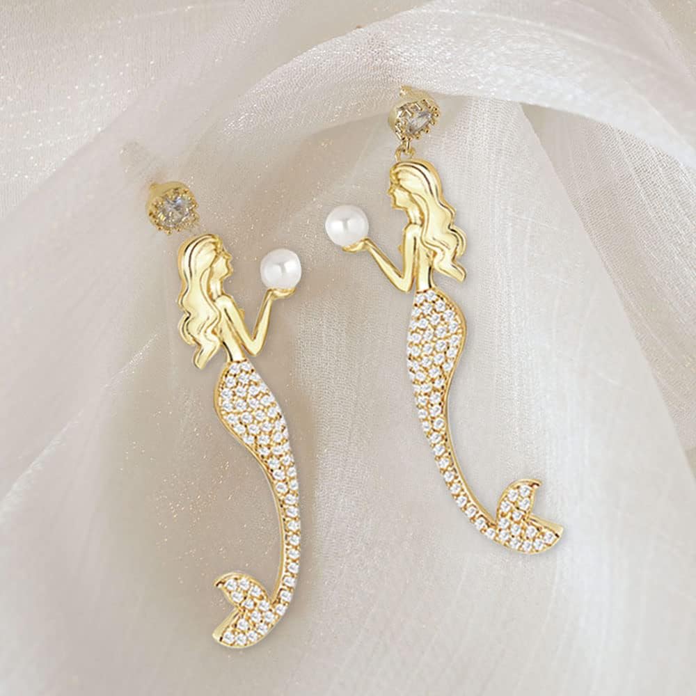 Gold Mermaid Dangle Earring Jewelry for Women Cubic Zirconia Mermaid Princess Drop Pendant Earrings - Image 4