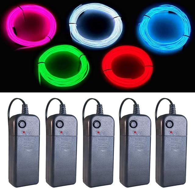 EL Wire 5 Colors, 9ft Neon Light Wire 5 Pack Noise Reduction with Battery Pack(Green, Blue, Red, White, Pink) for Halloween Decorations DIY Costume