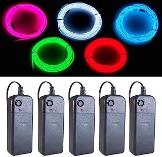 EL Wire 5 Colors, 9ft Neon Light Wire 5 Pack Noise Reduction with Battery Pack(Green, Blue, Red, White, Pink) for Halloween Decorations DIY Costume