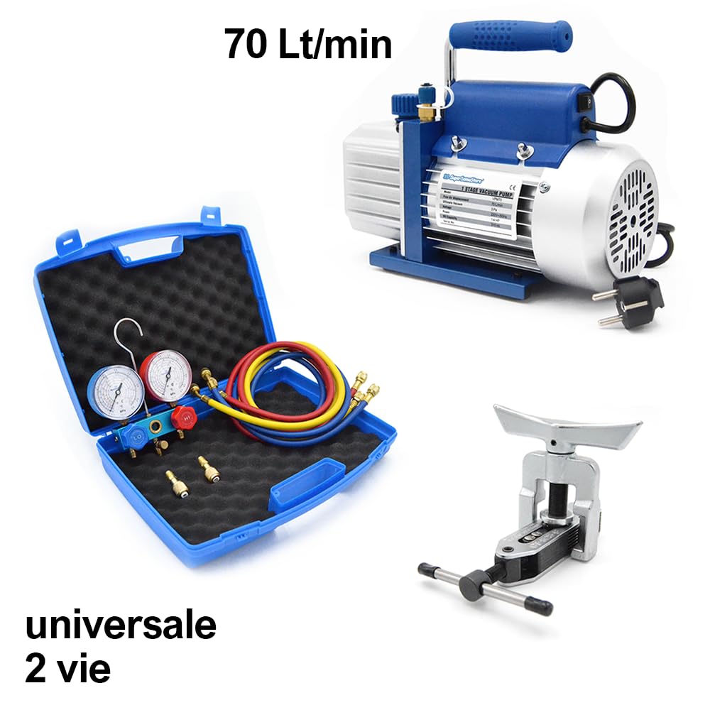3S SuperSamaStore Kit Vakuumpumpe Einstufig 70 L/min mit Zweiventil-Manometer Multigas und Bördelwerkzeug 5/16"–1/2" für Installation und Wartung von Klimaanlagen