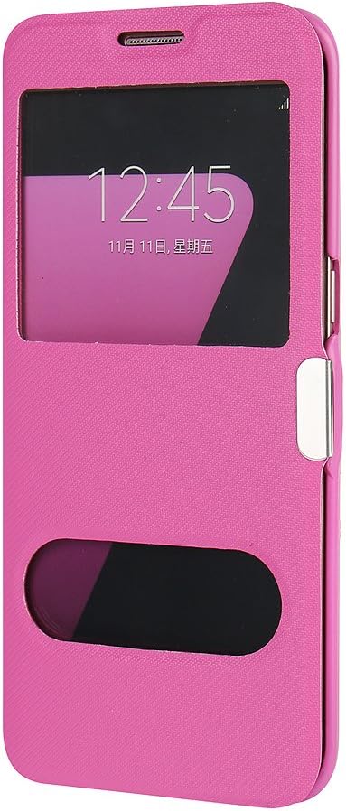 S7 Edge Case, Galaxy S7 Edge Case, MTRONX Dual Window View Magnetic Closure Twill PU Leather Ultra Folio Flip Slim Case Cover for Samsung Galaxy S7 Edge - Hot Pink(MG2-HP)