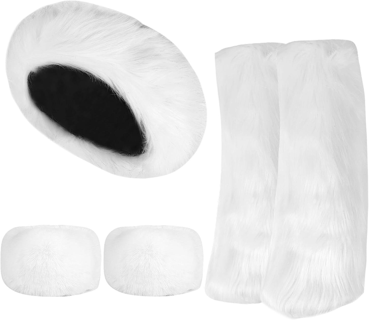 QZUnique Fuzzy Fur Leg Warmers Set - 3 Pcs Women Winter Furry Boot Cuffs Faux Fur Headband Wrist Bands Cover Long Leg Warmers White One Size