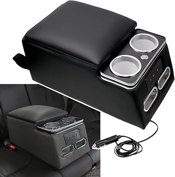 Sporacingrts Center Console Organizer with LED Light and Cup Holders | Features LED light, USB port, cup holders and padded armrest lid for added storage and everyday convenience.