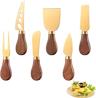 feng&feng Six-Piece Cheese Knife Set - Premium Stainless Steel Blades, Unique Golden Face, Elegant Wooden Handles, and Gift Box