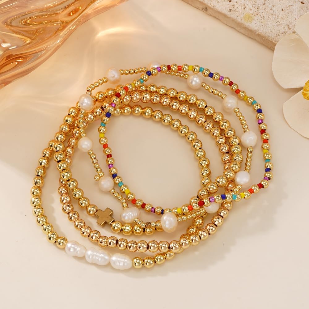 14K Gold Pearl Beaded Cross Bracelets Stack Set for Women,Stretch Boho Colorful Christian Beads Ball Jewelry Trendy Gift - Image 4