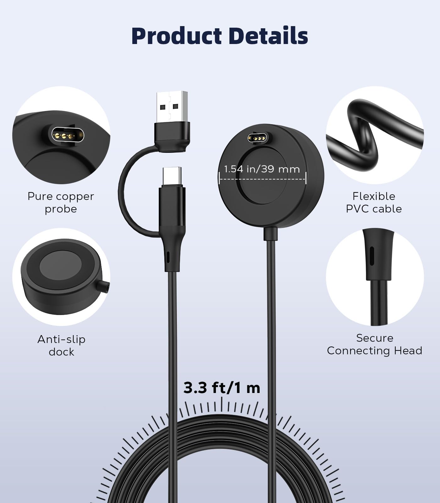 MoKo 2 in 1 Garmin Watch Charger, USB-C Charger Cable Compatible with Garmin Vivoactive 6/5, Fenix 8/7/6/5, Forerunner 970/570/965/265/255/165, Instinct, Venu 4/3s, 3.3 ft/1m Charging Code, Black