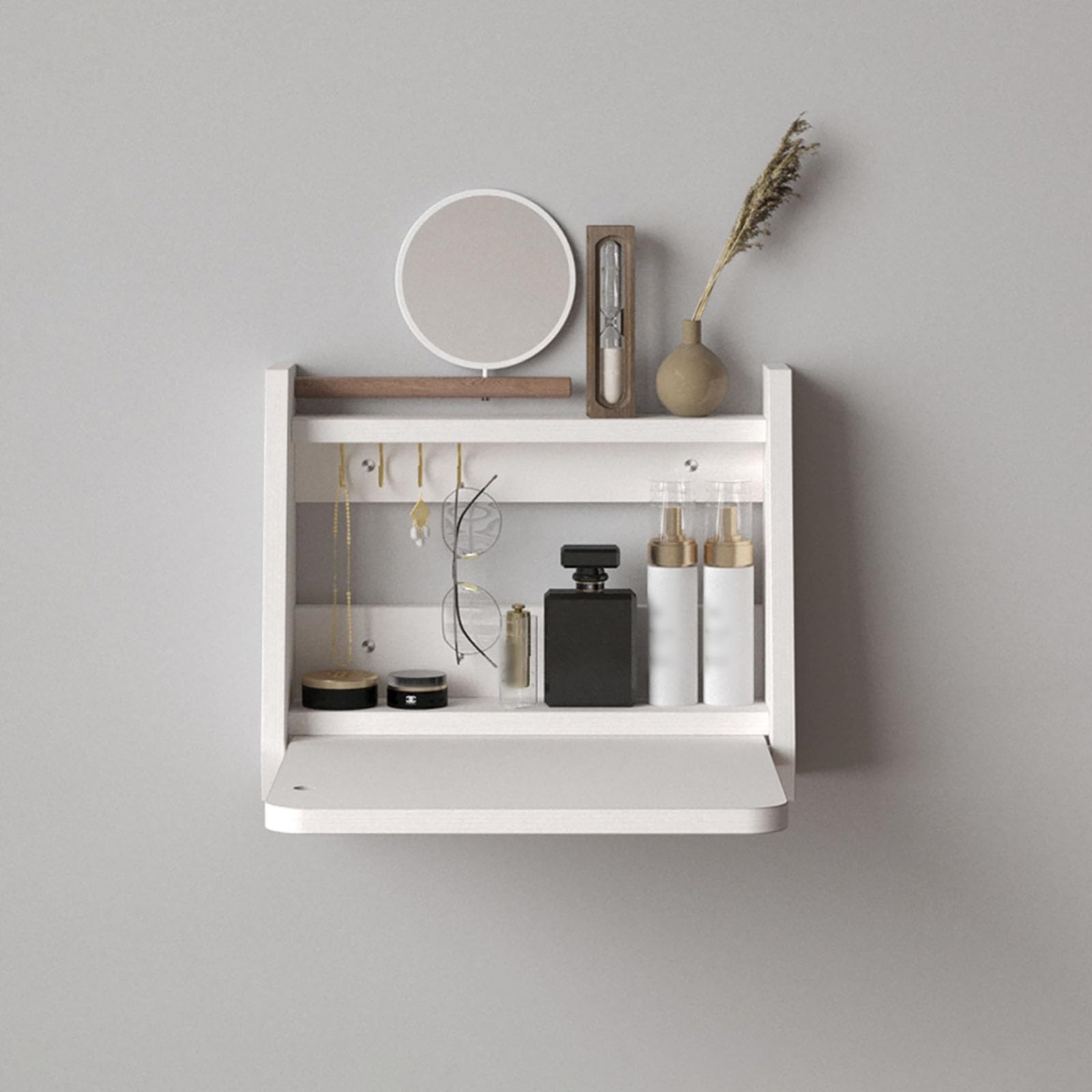 asdchZen Wall-Mounted Makeup Vanity Table With Mirror, Stylish Wood Dressing Table For Bedroom & Living Room, Compact Makeup Station Set For Women & Girls, Space-Saving Beauty Org,White-40x30x37cm