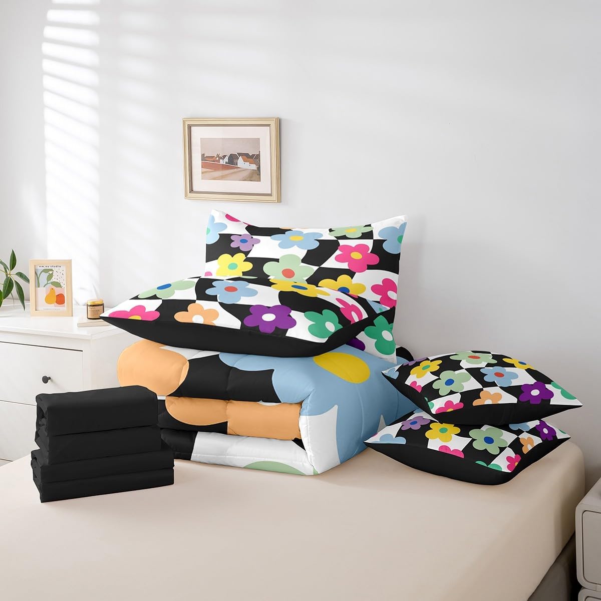 Feelyou Floral Print Bedding Set Queen Size Cartoon Flower Comforter Set 7 Pieces Blossom Botanical Geometric Modern Abstract Art Bed in a Bag Black Bed Set with Comforter, Sheet Set, Pillowcases