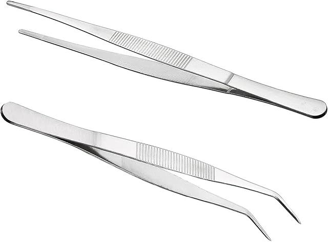 Long Straight Tweezers Bent Tweezers Blunt Tweezers 25cm/9.84in Stainless Steel Professional Non-Slip Angled Tweezers Set for Aquatic Pets, Corals , Crafting Cooking Repairing(2Pcs )