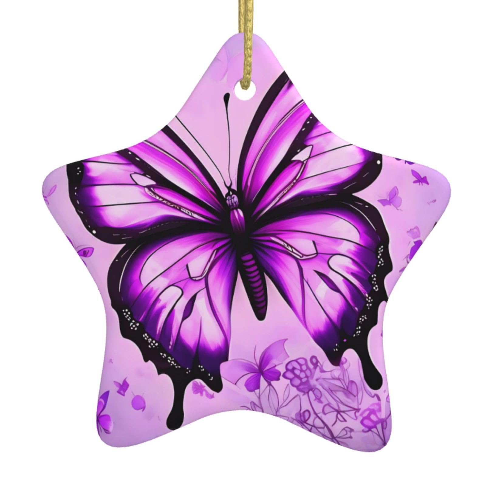 Purple Butterfly Christmas Ceramic Star Pendant with Punched Holes and Gold Wire Rope, Christmas Tree Home Decoration
