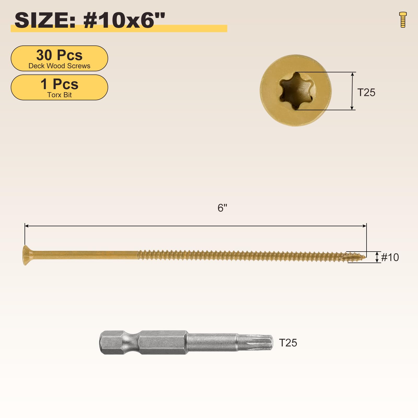 METALLIXITY Deck Screws (#10x6") 30Pcs, Carbon Steel Wood Screw Decking Screws Epoxy Coated with T25 Torx Drive Head - Image 2