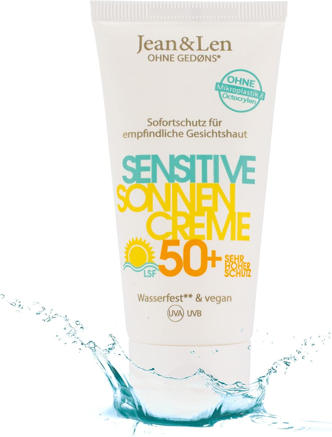Jean & Len Zonnecrème 50 SPF waterdicht, veganistische zonwering zonder siliconen, parabenen en octocrylene, Zonnecrème gezicht voor mensen met een allergie en gevoelige huid, 50 ml reisformaat