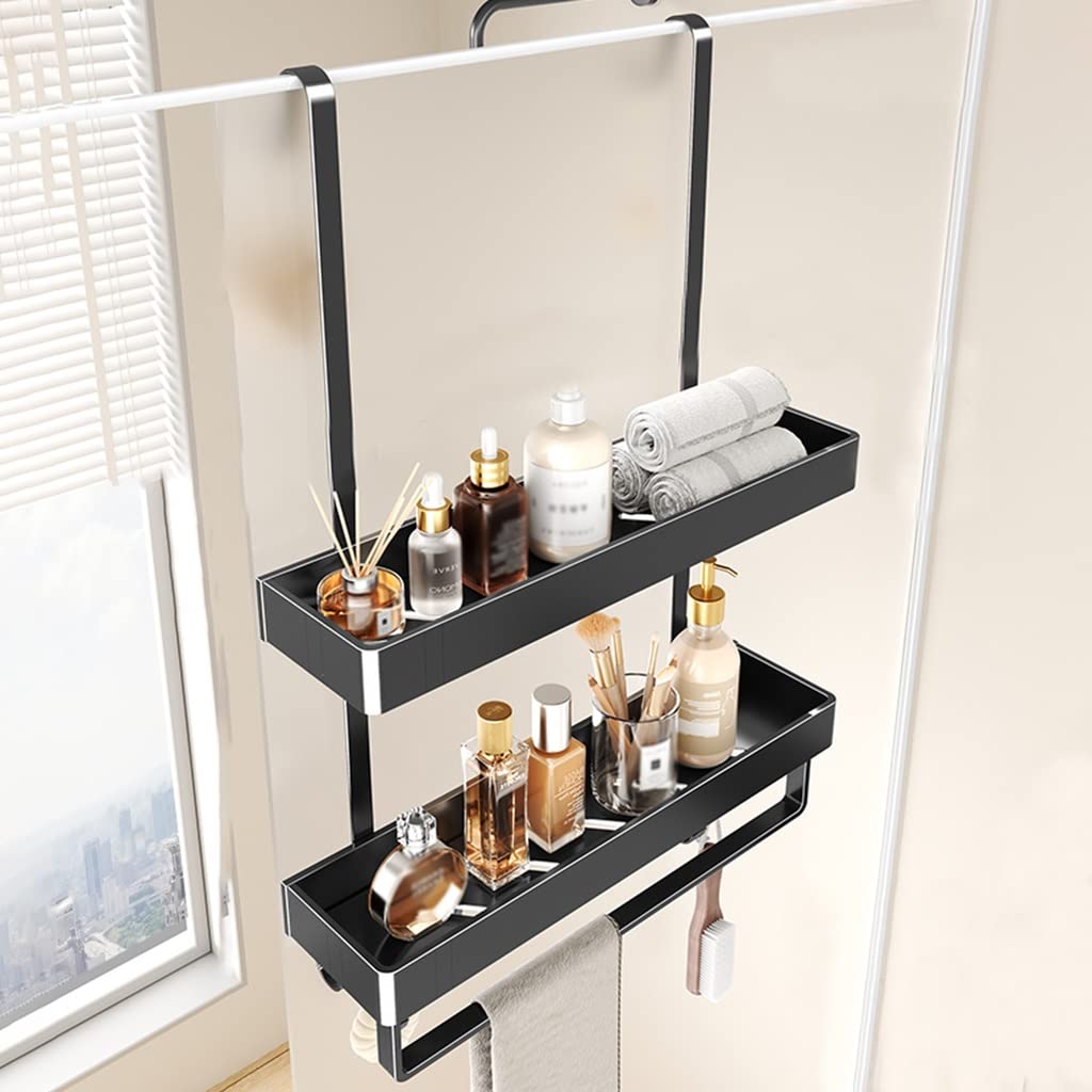 Organizador de ducha para puerta con ganchos y cesta, organizador de baño inoxidable para almacenamiento y comodidad