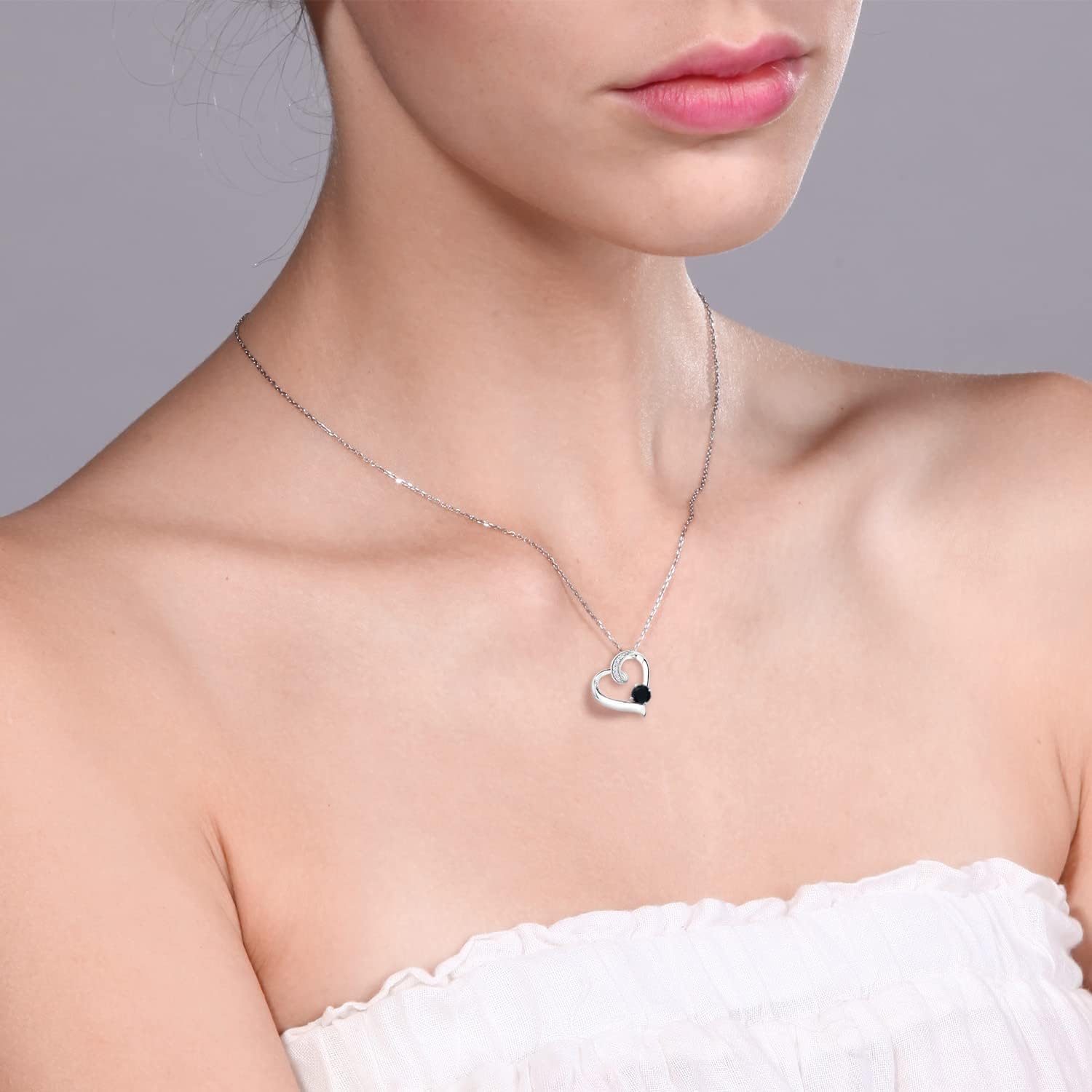 Gem Stone King 10K White Gold Customized and Personalized 5MM Round Gemstone Birthstone and White Lab Grown Diamond Heart Shape Pendant Necklace with 18-Inch Chain