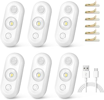 LED Motion Sensor Light Indoor, Rechargeable Puck Lights, Magnetic Dimmable Under Cabinet Lights, Wireless LED Lights for Closet, Kitchen, Stairs, Daylight White, 6-Pack White