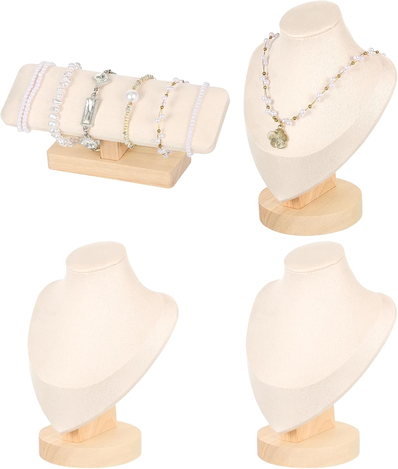 Rainmae 4Pcs Jewelry Display Set, Necklace Display Stand and T Bar Bracelet Holder, Wooden Necklace/Watch/Bracelet Display Rack, Jewelry Bust for Selling for Vendors Home Trade Organizer