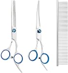 3 Pièces Ciseaux de grooming pour chiens Set avec sécurité Conseils ronds en acier inoxydable Kit de g Rooming pour animaux de compagnie utilisé pour chiens Chats Animaux avec ciseaux de coupe, Coucher mince, Peigne de salle (bleu, 3in1)