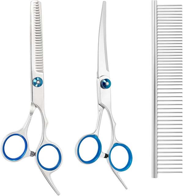 3 Pièces Ciseaux de grooming pour chiens Set avec sécurité Conseils ronds en acier inoxydable Kit de g Rooming pour animaux de compagnie utilisé pour chiens Chats Animaux avec ciseaux de coupe, Coucher mince, Peigne de salle (bleu, 3in1)