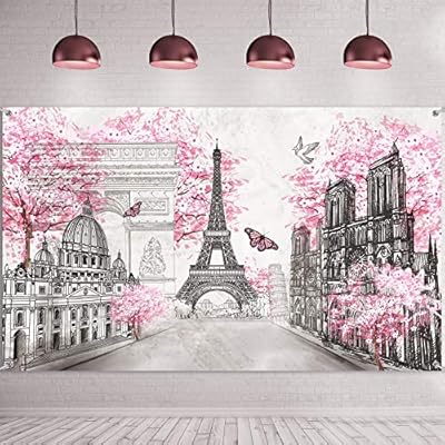 Paris Tapestry Backdrop Paris Wall Art Eiffel Tower Photo Banner Background European City Landscape Pink Wall Hanging Decor for Living Room Girl Bedroom Paris Themed Party Decoration, 72.8 x 43.3 Inch