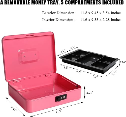 Miniatura 3 de Jssmst - Caja fuerte grande con cerradura de combinación, caja de metal duradera con bandeja de dinero, color rosa, 11.8 x 9.8 x 3.5 pulgadas,