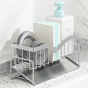 Kitchen Sink Caddy Sponge Holder Quick Draining SUS 304 Stainless Steel Sponge Organizer Basket for Cleaning and Scrub