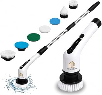 Electric Spin Scrubber with 8 Replaceable Brush Heads & Extension Handle Cordless Bathroom & Tile Cleaner