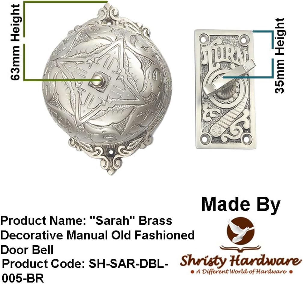"Sarah" Brass Manual Old Fashioned Door Bell – Vintage Twist Bell – Mechanical Turn Door Bell for Home – (Pack of 1 Satin Nickel Finish)