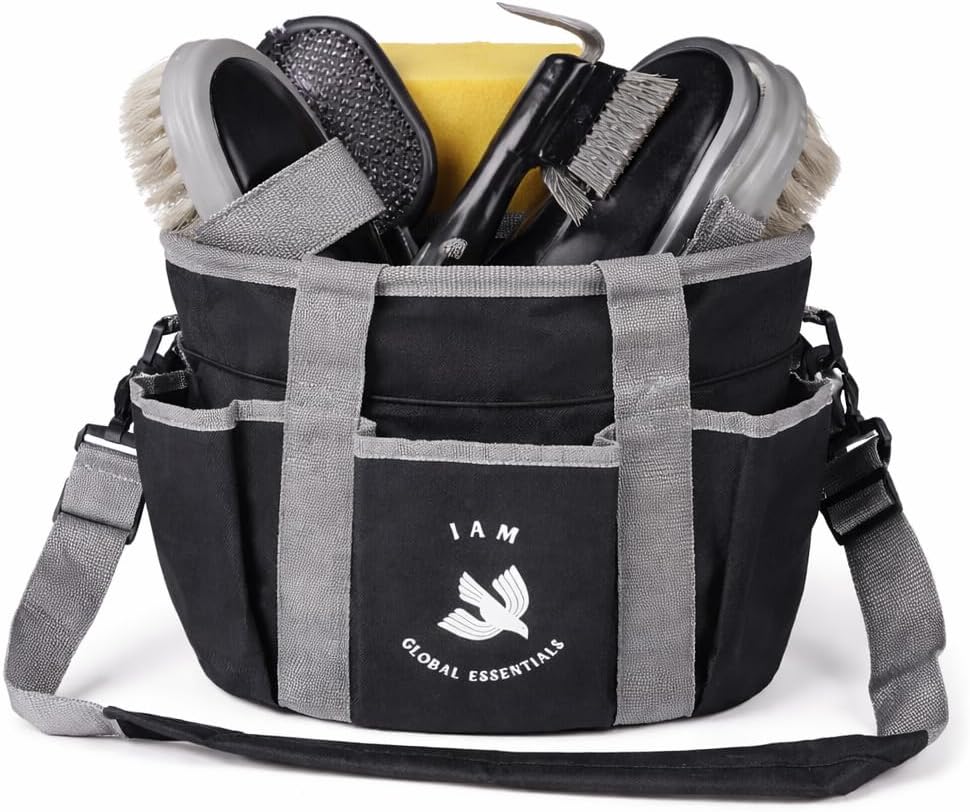 Premium Grooming Kit (9 Piece) - Organizer Tote Bag with Brushes for Tack Room - Nylon & Plastic Brushes for Horses - Perfect for Beginners or Professionals