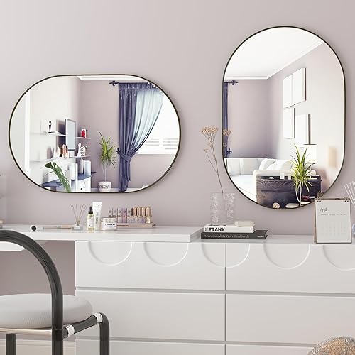 Miniatura 3 de Manocorro Espejo de pared ovalado negro de 20 x 30 pulgadas, espejo de baño ovalado grande con marco de aleación de aluminio, vertical y horizontal,